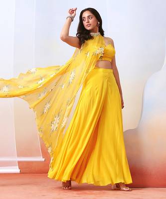 Yellow Printed Sharara Set With Embroidered  Drape Cape 2