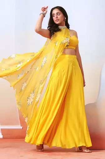 Yellow Printed Sharara Set With Embroidered  Drape Cape