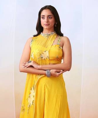 Yellow Printed Sharara Set With Embroidered  Drape Cape 3