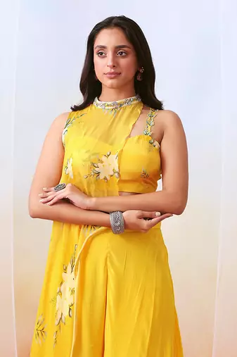 Yellow Printed Sharara Set With Embroidered  Drape Cape