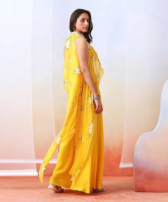 Yellow Printed Sharara Set With Embroidered  Drape Cape 4
