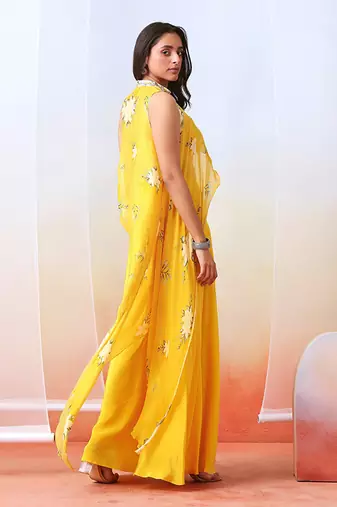 Yellow Printed Sharara Set With Embroidered  Drape Cape
