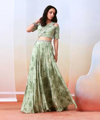Sage Green Printed And Embroidered Sharara Set 1