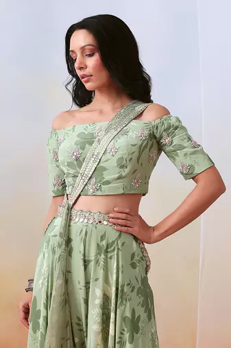 Sage Green Printed And Embroidered Sharara Set