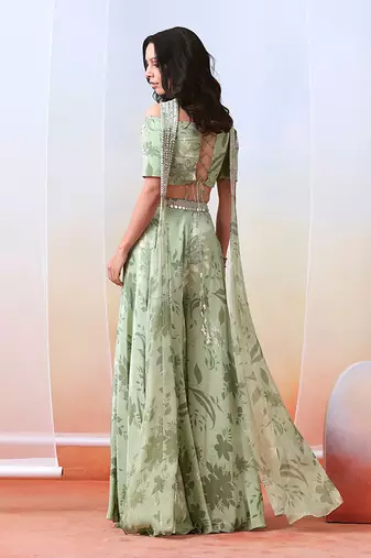 Sage Green Printed And Embroidered Sharara Set