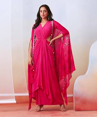 Pink Drape Dress With Printed Cape Jacket 1