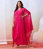 Pink Drape Dress With Printed Cape Jacket