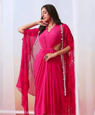 Pink Drape Dress With Printed Cape Jacket 2