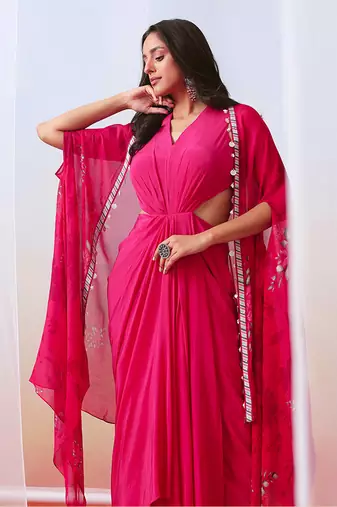 Pink Drape Dress With Printed Cape Jacket
