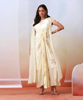 Off White Printed Drape Dress
 With Embellished Cape 1