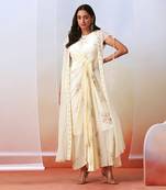 Off White Printed Drape Dress
 With Embellished Cape