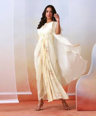 Off White Printed Drape Dress
 With Embellished Cape 2