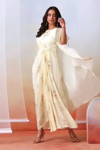 Off White Printed Drape Dress
 With Embellished Cape