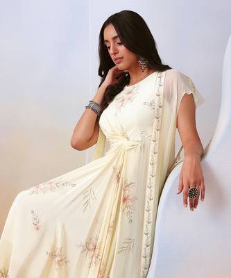 Off White Printed Drape Dress
 With Embellished Cape 3