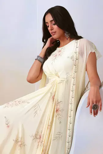 Off White Printed Drape Dress
 With Embellished Cape