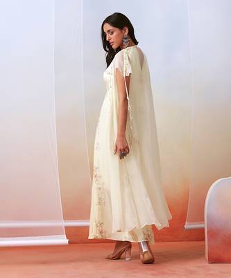 Off White Printed Drape Dress
 With Embellished Cape 4