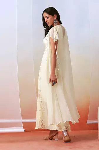 Off White Printed Drape Dress
 With Embellished Cape