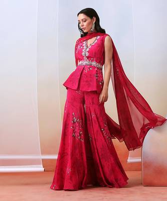 Pink Printed And Embroidered
 Sharara Set With Drape Dupatta 1