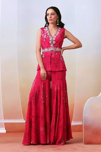 Pink Printed And Embroidered
 Sharara Set With Drape Dupatta