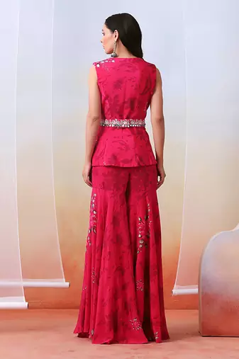 Pink Printed And Embroidered
 Sharara Set With Drape Dupatta