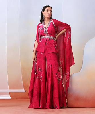 Pink Printed And Embroidered
 Sharara Set With Cape 1