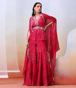 Pink Printed And Embroidered
 Sharara Set With Cape