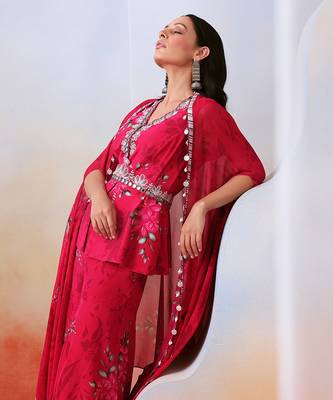 Pink Printed And Embroidered
 Sharara Set With Cape 2