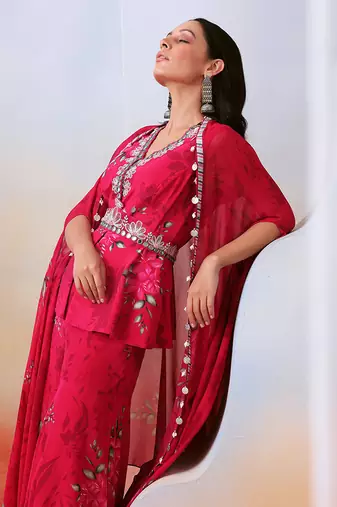 Pink Printed And Embroidered
 Sharara Set With Cape