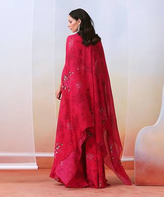 Pink Printed And Embroidered
 Sharara Set With Cape 3