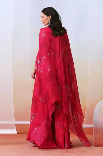 Pink Printed And Embroidered
 Sharara Set With Cape