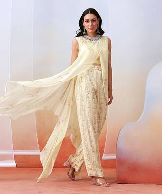 Off White Pant Set With Embellished
 Drape Tunic 1