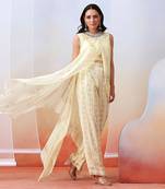 Off White Pant Set With Embellished
 Drape Tunic