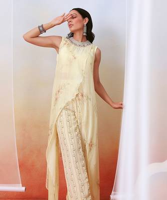 Off White Pant Set With Embellished
 Drape Tunic 2