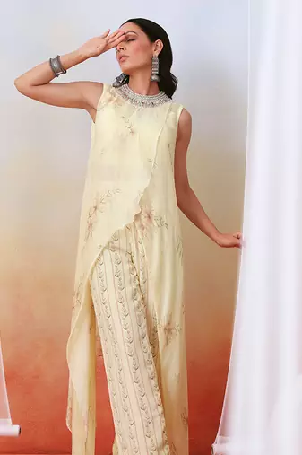 Off White Pant Set With Embellished
 Drape Tunic
