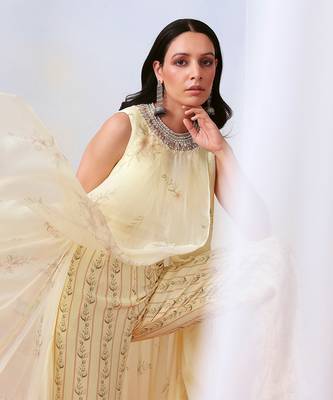 Off White Pant Set With Embellished
 Drape Tunic 3