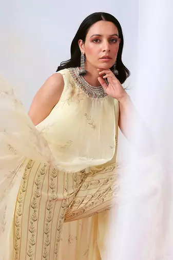 Off White Pant Set With Embellished
 Drape Tunic