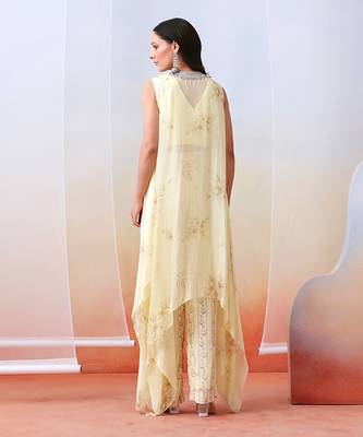 Off White Pant Set With Embellished
 Drape Tunic 4