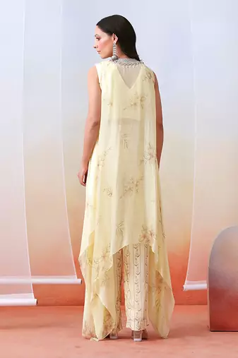Off White Pant Set With Embellished
 Drape Tunic