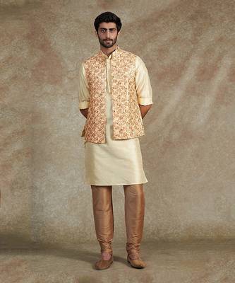 Beige Emb. Kurta Jacket Set 1