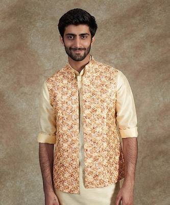 Beige Emb. Kurta Jacket Set 3