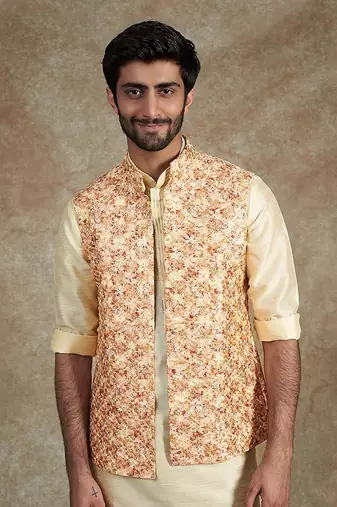 Beige Emb. Kurta Jacket Set
