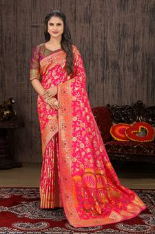  Rani Pink Woven Silk Blend Saree With Blouse