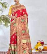 Red Woven Silk Blend Saree With Blouse
