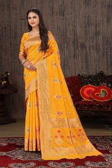 Yellow Woven Silk Blend Saree With Blouse