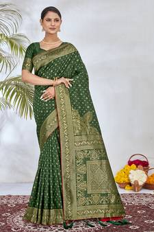 Dark Green Woven Silk Blend Saree With Blouse