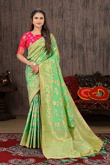  Parrot Green Woven Silk Blend Saree With Blouse