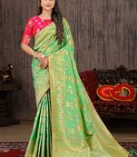  Parrot Green Woven Silk Blend Saree With Blouse