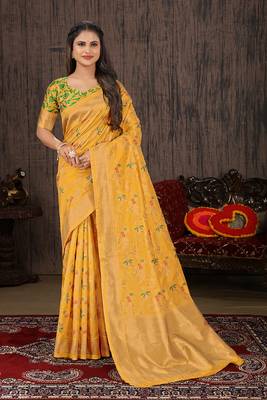 Yellow Woven Silk Blend Saree With Blouse 1