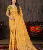 Yellow Woven Silk Blend Saree With Blouse