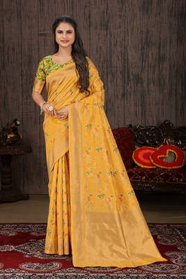 Yellow Woven Silk Blend Saree With Blouse 2